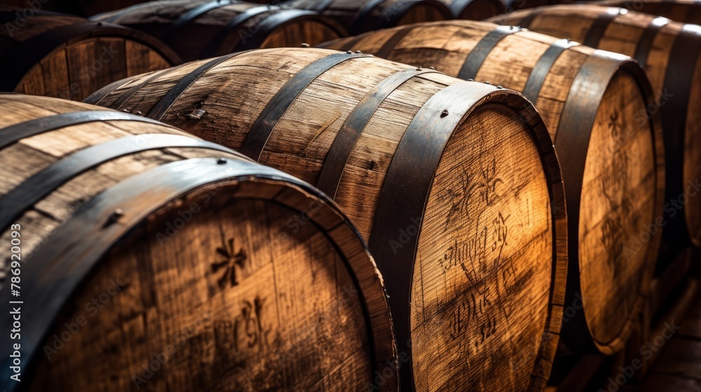 Oak wine barrels in the wine cellar. Old stone wall at the background.