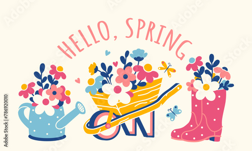 ''Hello, spring'' message. Cottagecore, gardening or village life concept. Wheelbarrow, watering can, boots and flowers. Vector banner, card or stickers featured lovely garden items. Vintage print.