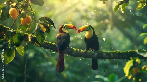 Toucan sitting on the branch in the forest green vegetation Costa Rica. Nature travel in central America. Two Keel-billed Toucan Ramphastos sulfuratus pair of bird with big bill. Wildlife   photo