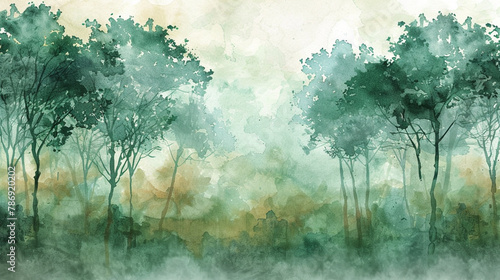 Misty forest watercolor in emerald and ochre, peaceful woodland essence. photo