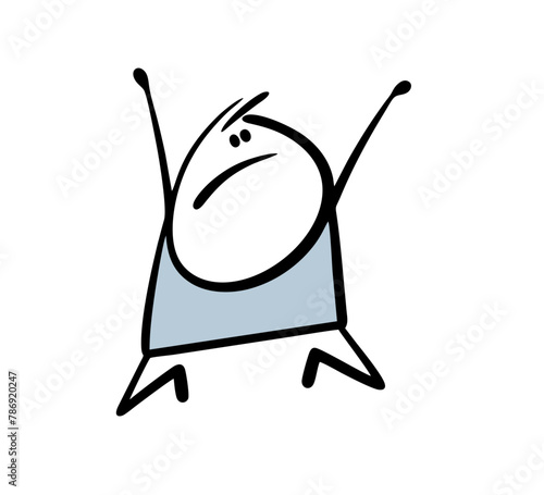 Desperate stickman knelt down and raised his hands to the sky. Vector illustration of a man praying, asking for mercy. Isolated doodle stick gigure boy on white background.