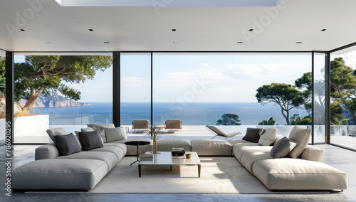 a large modern living room with grey sofas and white walls, overlooking the sea in an island. The windows show trees on one side of the wall and ocean in front. © Kien