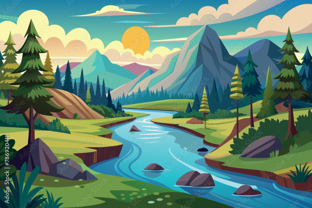 River Landscape  cartoon vector Illustration flat style artwork concept
