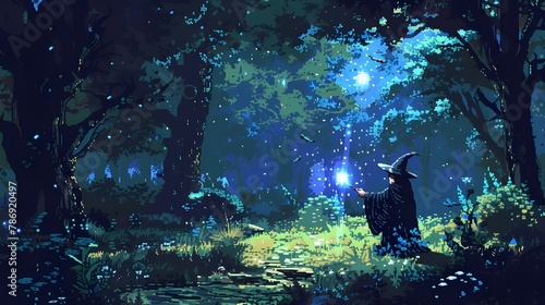 pixel art of great wizard spelling magic in woods photo