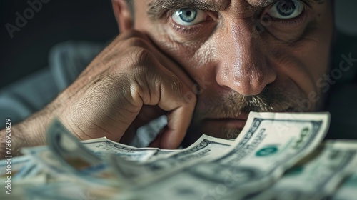 Strategic Contemplation: Business Leader Analyzing Dollar Bills in Close-up Shot