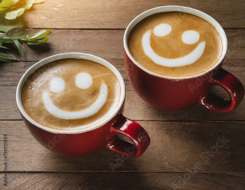 Two cups of coffees invitation friends friendship happy smiley faces emoji drink latte art coffee invite smile smiling emoticon positive mood photo