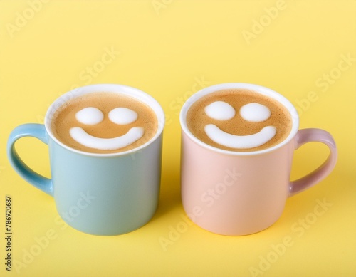 two cups of coffees with smiley faces emojis emoticons emoji smiley emoticon happy smiling faces smile coffee latte art pastel colors photo