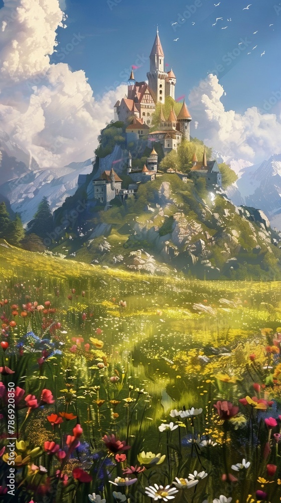 A charming fairytale castle perched atop a hill, surrounded by rolling green meadows and colorful wildflowers