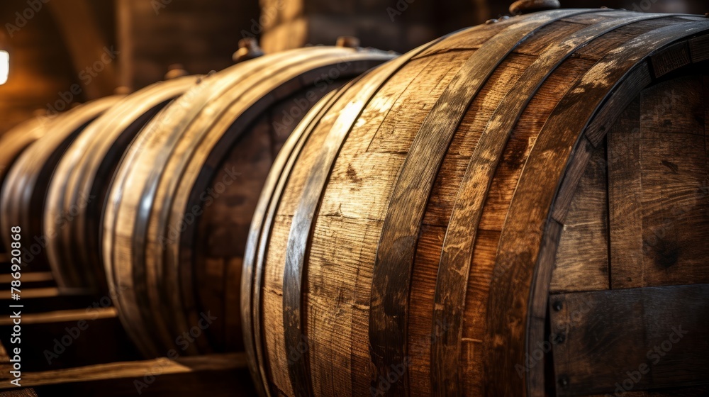 Oak wine barrels in the wine cellar. Old stone wall at the background. Oak wine barrels in the wine cellar. Old stone wall at the background.