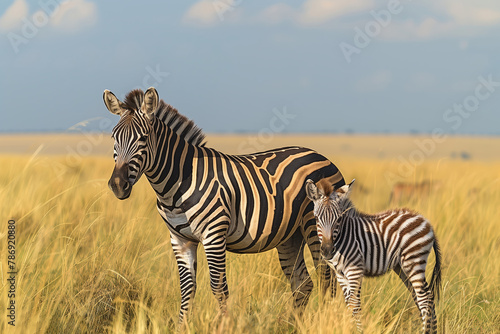 Two zebras graze peacefully in grassy field under a clear sky