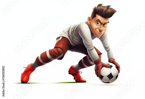Full body cartoon caricature of a goalkeeper with brown hair in a ponytail, wearing red and white gloves, diving to make the best save during a game against a white background.