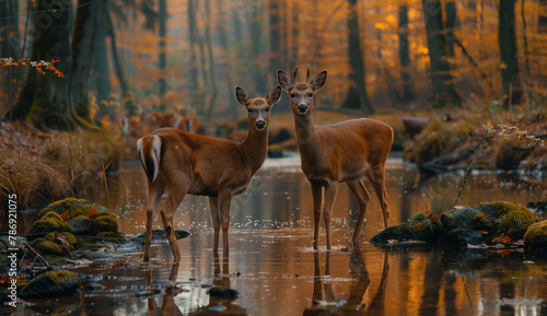 Two deer standing in a woodland stream, surrounded by natural landscape © RichWolf