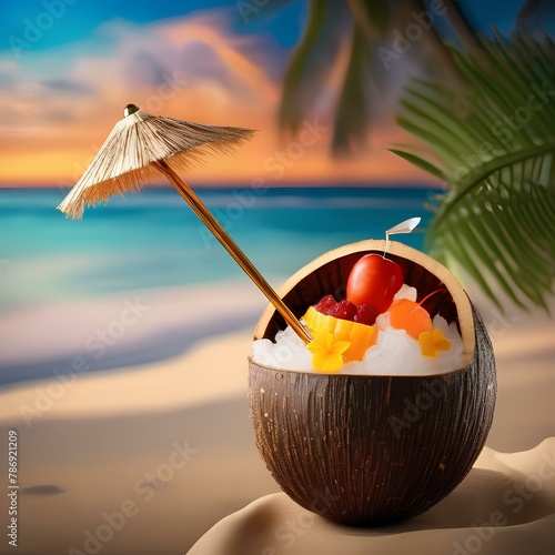 A colorful tropical cocktail served in a coconut shell with a paper umbrella1 photo