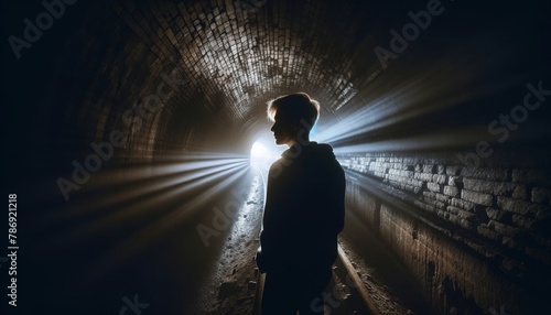 A person in a darkened tunnel with a single streak of light illuminating their profile. photo