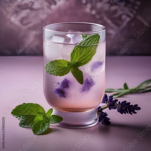 A glass of iced lavender mint tea with a lavender flower and mint leaf1 photo