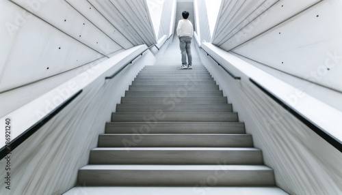 A person standing at the bottom of a tall  narrow staircase looking up  with the stairs wrapping around the frame.