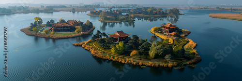 boats on the river,
 Jiulongkou Wetland Park, Yancheng City, Jiangsu Province photo