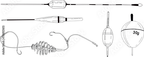Fishing float bobber feeder vector illustration tackle set. Bait minnow line cork drawing. Silhouette outline. Fisher angler tool. Sharp triple catch sport equipment
