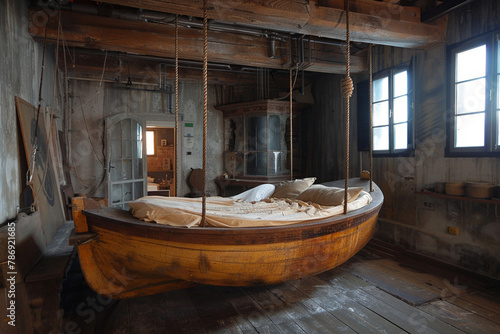 A big boat shaped bed in a large room hanging from the roof with wooden ropes