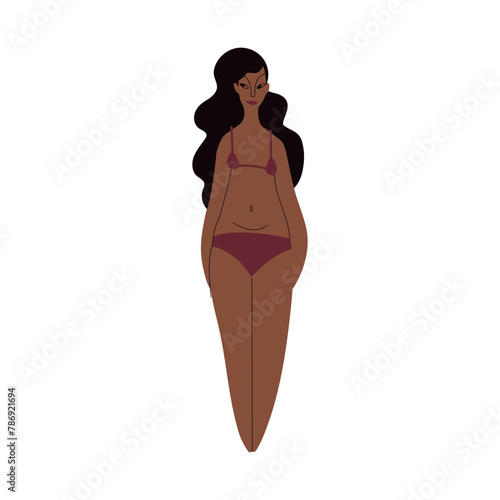 Flat Latino woman in underwear. Brown skin person with black hair in cartoon style for multinational and diversity designs. Vector illustration.