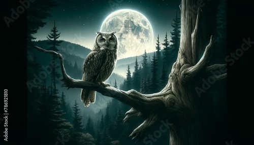 An owl perched on a gnarled tree limb with the full moon casting a glow over the distant hills. photo