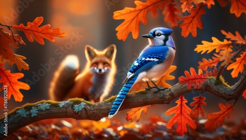 A vibrant blue jay sitting on an autumnal oak branch with a soft-focus fox glimpsed in the forest behind it.