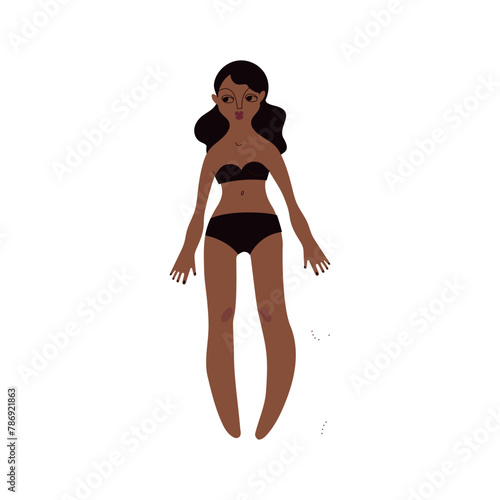 Flat Latino woman in underwear. Brown skin person with black hair in cartoon style for multinational and diversity designs. Vector illustration.