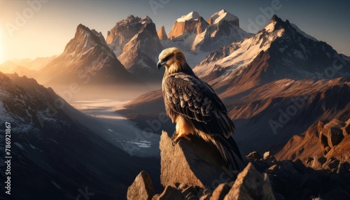 A majestic eagle perched on a jagged cliff with snow-capped mountains rising behind it. photo