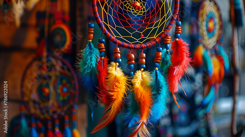 Dream catcher and abstract bokeh background  Beautiful dreamcatcher on c0lourful background   Colorful dreamcatcher on green summer tree in park 