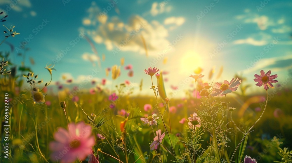 field of flowers and sun