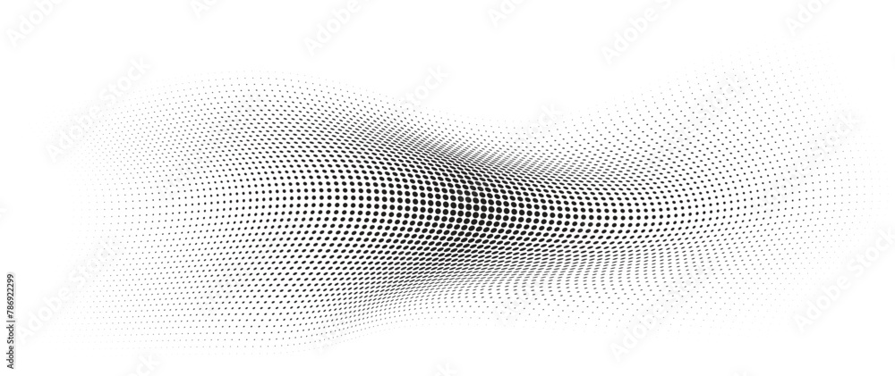 Flowing Wave Dot Halftone Pattern: Curve Gradient Shape on Transparent Background. Suitable for AI, Tech, Network, Digital, Science, and Technology Themes.