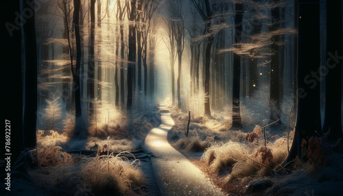 Serene Winter Forest Bathed in Glistening Sunlight and Snow