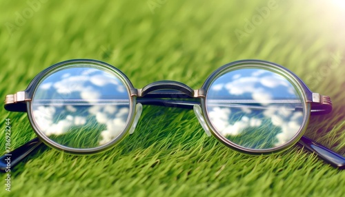 A high-resolution image in a 16_9 ratio, capturing a pair of vintage, round glasses with a gentle reflection of the sky on their lenses.
