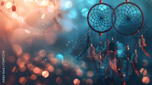 Dream catcher on the bright multicolored background, Beautiful dreamcatcher on colourful background, An intricate dreamcatcher is suspended before a network of luminous energy lines and nodes