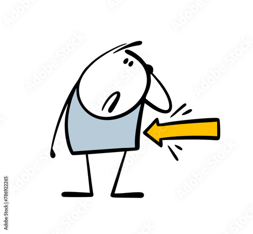 Confused man looks at the yellow arrow. Vector illustration attracting attention, determining the direction. A disgruntled stickman. Isolated doodle stick figure character on white background.