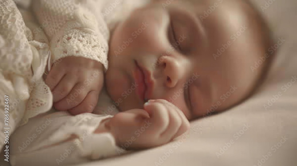 A baby sleeping with his hand's holding his mom's finger. Copy space.