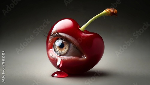 An image of a cherry with its stone replaced by a human eye, which appears glistening as if it were a tear.