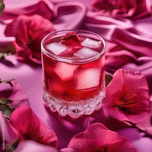 A glass of iced rose hibiscus tea with a rose petal3