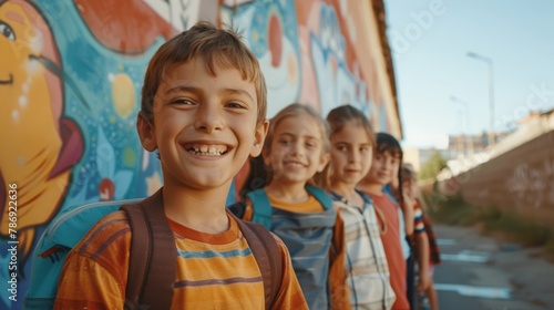Group of cheerful happy kids in the schoolyard