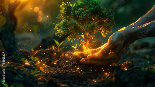 Creative depiction of hands planting photorealistic trees that glow with life, celebrating National Tree Planting Day photo