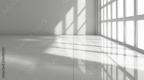 Interior part of a room with minimal design. A blank white tile on the floor. Advertisement template for paint  carpet and household material