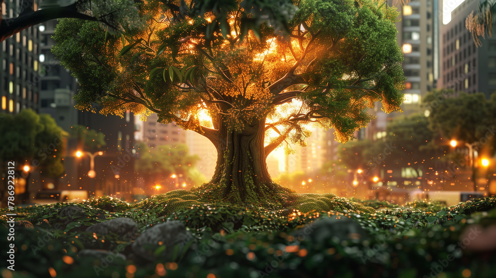 Fantasy forest growing in the heart of a city for National Tree Planting Day, photorealistic trees with a magical twist - obrazy, fototapety, plakaty 