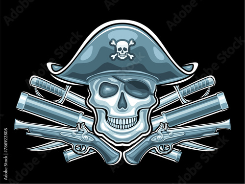 Vector logo for Pirate Skull, monochrome card with illustration of front view skull in old hat and pirate weapons, decorative pirate symbol with art design skull for children party on black background