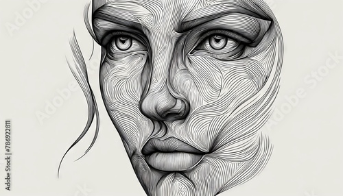 A highly detailed image in 16_9 ratio of a portrait of a face done in contour lines, creating a three-dimensional effect on the features. photo