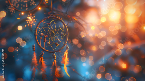 Dream catcher on the bright multicolored background, Beautiful dreamcatcher on colourful background, An intricate dreamcatcher is suspended before a network of luminous energy lines and nodes