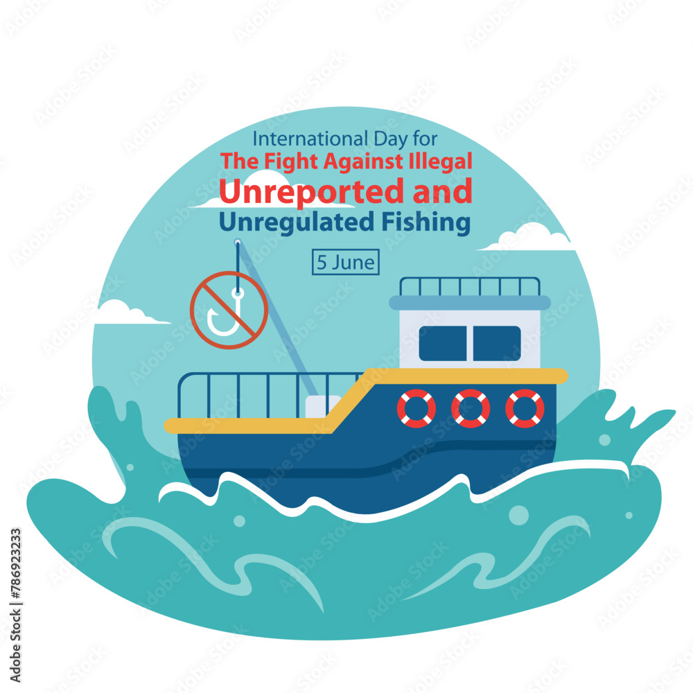 illustration vector graphic of fishing boat in the sea waves, perfect for international day, fight against illegal, unreported and unregulated, fishing, celebrate, greeting card, etc.