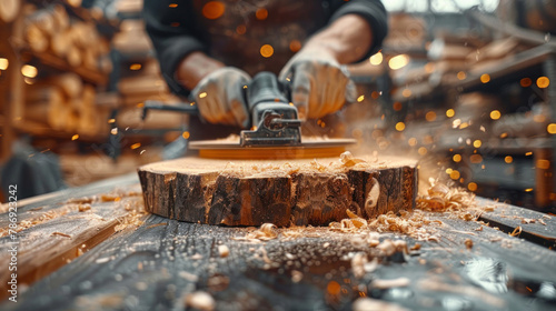 A carpenter uses sander on wooden piece in workshop.