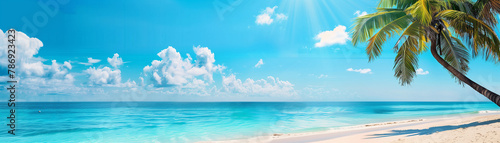 Serene Caribbean sands with vibrant turquoise ocean and palm shadows, spacious skies, excellent for peaceful retreat ads
