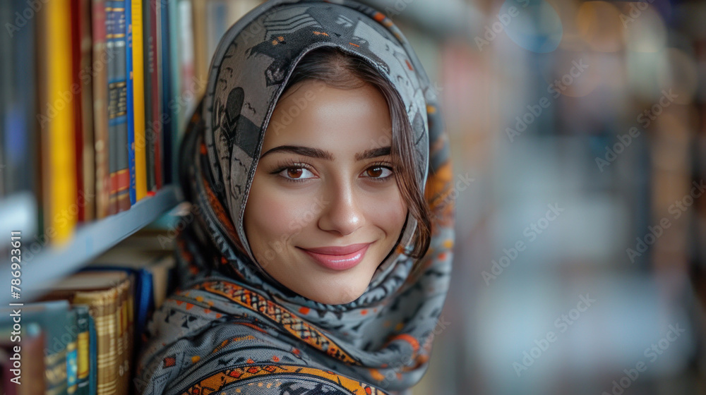 A muslim female student grins in library setting. A muslim female student grins in library setting.