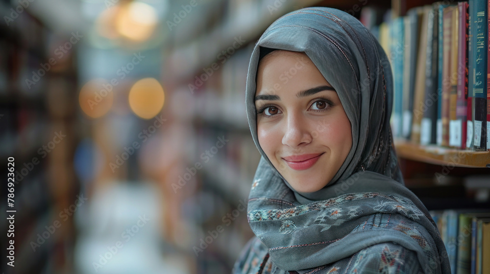 A muslim female student grins in library setting. A muslim female student grins in library setting.